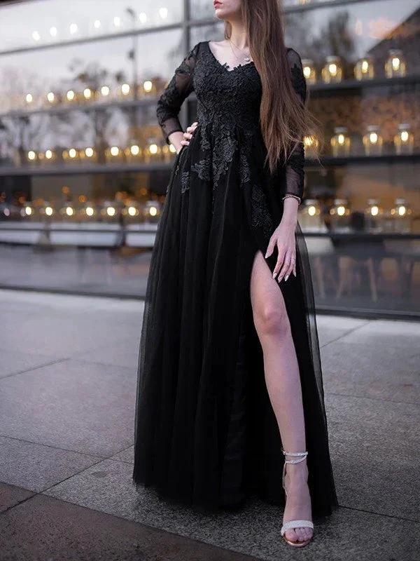 Ball Gown Tulle Long Sleeves Applique Off-the-Shoulder Floor-Length Prom Dresses by misshow.com