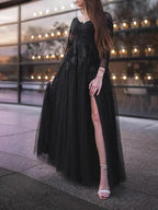 Ball Gown Tulle Long Sleeves Applique Off-the-Shoulder Floor-Length Prom Dresses by misshow.com