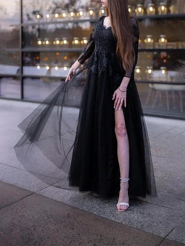 Ball Gown Tulle Long Sleeves Applique Off-the-Shoulder Floor-Length Prom Dresses by misshow.com
