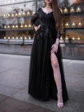 Ball Gown Tulle Long Sleeves Applique Off-the-Shoulder Floor-Length Prom Dresses by misshow.com