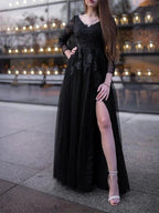 Ball Gown Tulle Long Sleeves Applique Off-the-Shoulder Floor-Length Prom Dresses by misshow.com