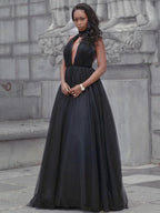 Ball Gown Tulle Ruffles V-neck Sleeveless Court Train Prom Dresses by misshow.com