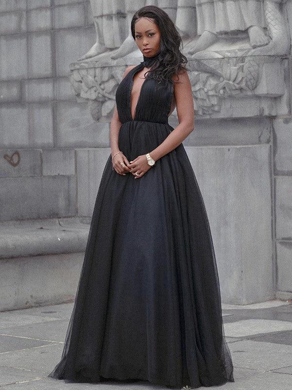 Ball Gown Tulle Ruffles V-neck Sleeveless Court Train Prom Dresses by misshow.com