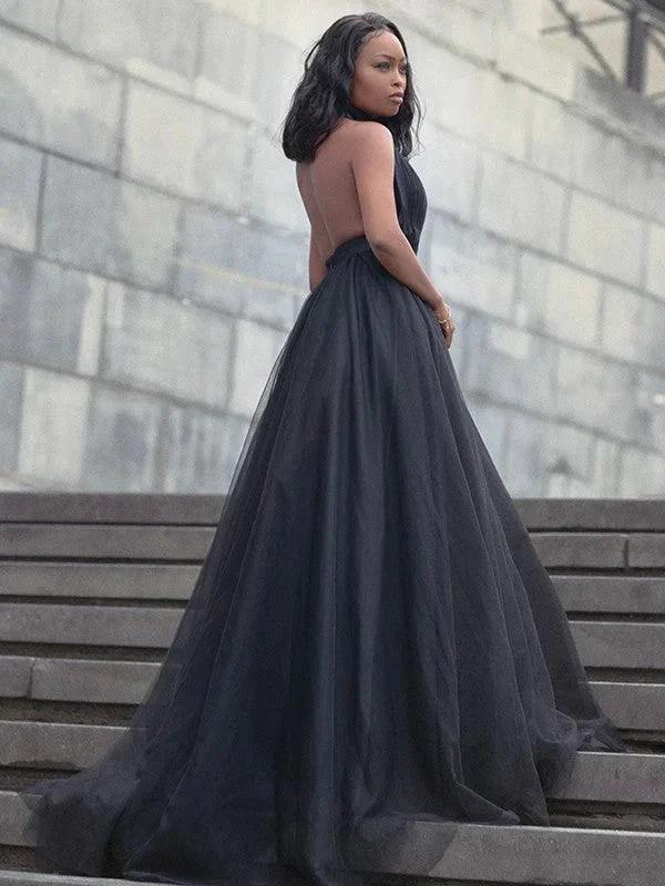 Ball Gown Tulle Ruffles V-neck Sleeveless Court Train Prom Dresses by misshow.com