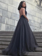 Ball Gown Tulle Ruffles V-neck Sleeveless Court Train Prom Dresses by misshow.com