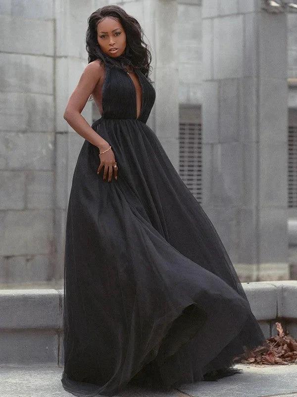Ball Gown Tulle Ruffles V-neck Sleeveless Court Train Prom Dresses by misshow.com