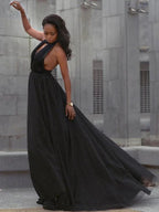 Ball Gown Tulle Ruffles V-neck Sleeveless Court Train Prom Dresses by misshow.com