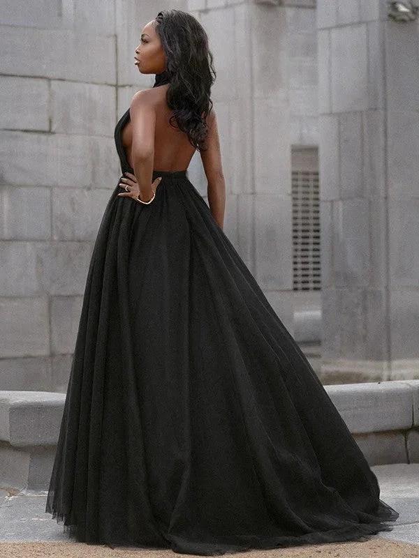 Ball Gown Tulle Ruffles V-neck Sleeveless Court Train Prom Dresses by misshow.com