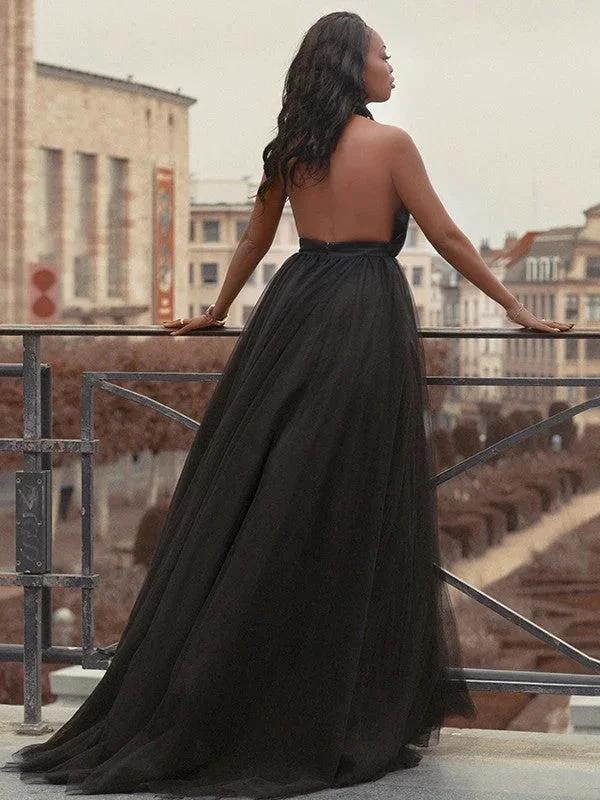 Ball Gown Tulle Ruffles V-neck Sleeveless Court Train Prom Dresses by misshow.com