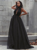 Ball Gown Tulle Ruffles V-neck Sleeveless Court Train Prom Dresses by misshow.com