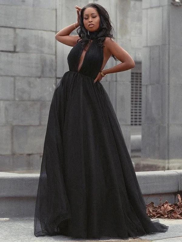 Ball Gown Tulle Ruffles V-neck Sleeveless Court Train Prom Dresses by misshow.com