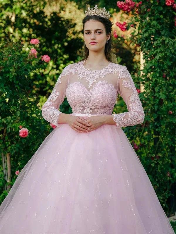 Ball Gown Tulle Scoop Lace Long Sleeves Prom Dresses by misshow.com