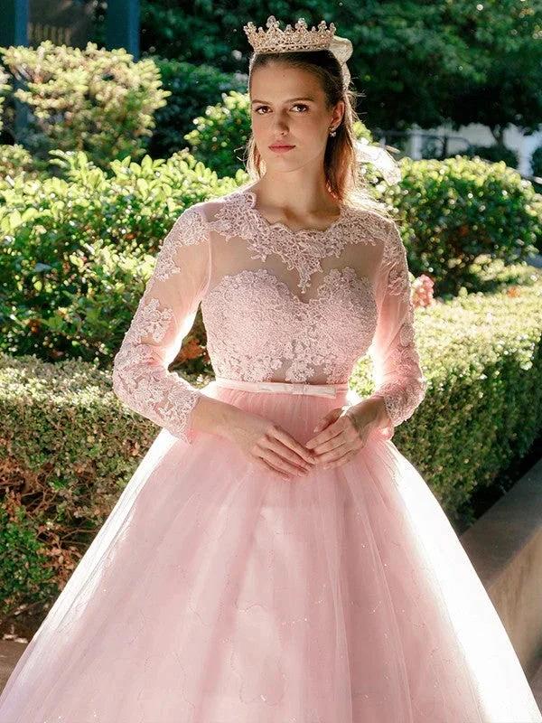 Ball Gown Tulle Scoop Lace Long Sleeves Prom Dresses by misshow.com