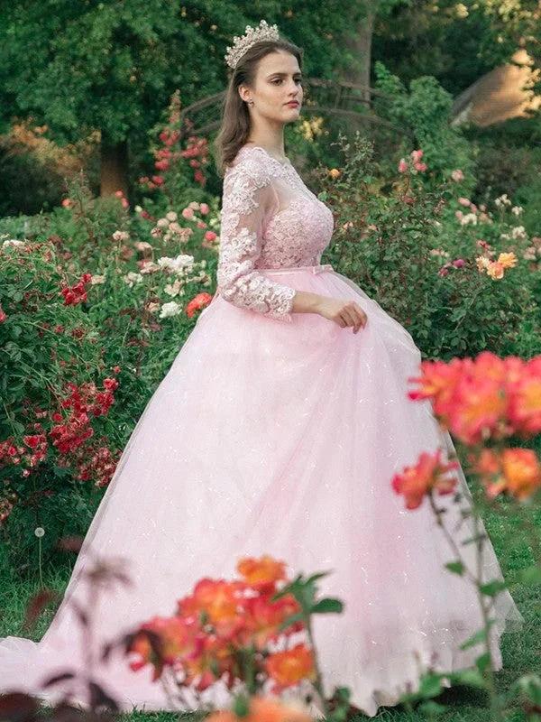 Ball Gown Tulle Scoop Lace Long Sleeves Prom Dresses by misshow.com