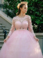Ball Gown Tulle Scoop Lace Long Sleeves Prom Dresses by misshow.com