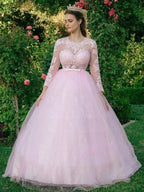Ball Gown Tulle Scoop Lace Long Sleeves Prom Dresses by misshow.com