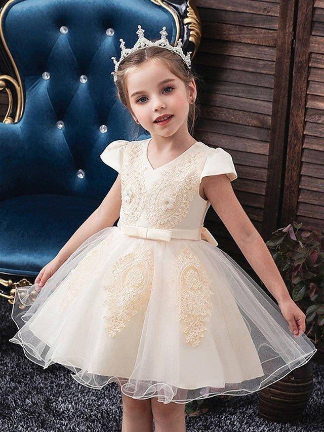 Ball Gown Tulle Short Sleeve V Neck Wedding Party Flower Girl Dresses - photo 1