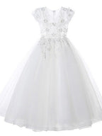Ball Gown Tulle Short Sleeve V Neck Wedding Party Flower Girl Dresses - photo 3