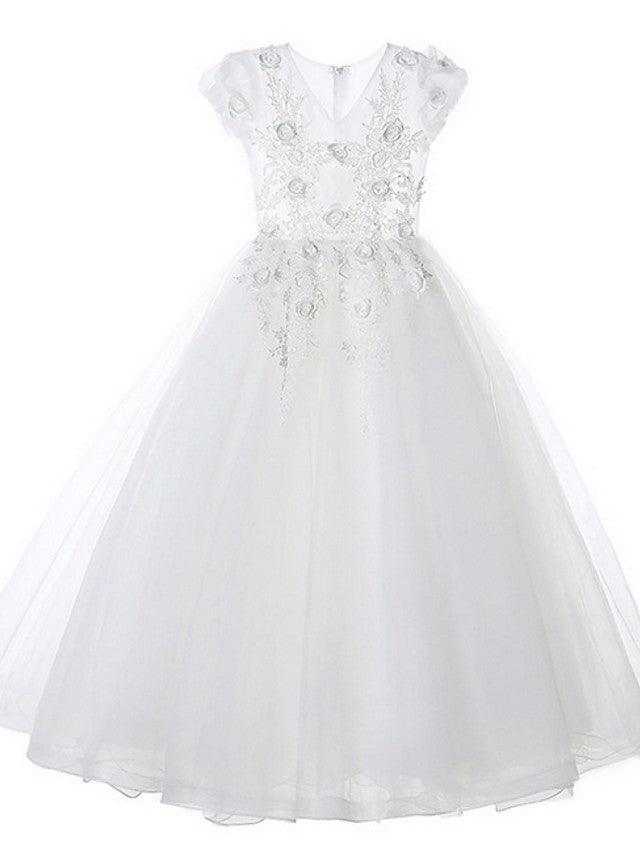 Ball Gown Tulle Short Sleeve V Neck Wedding Party Flower Girl Dresses - photo 3