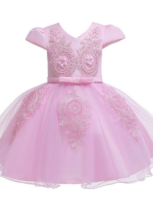 Ball Gown Tulle Short Sleeve V Neck Wedding Party Flower Girl Dresses - photo 6