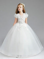 Ball Gown Tulle Short Sleeve V Neck Wedding Party Flower Girl Dresses - photo 2
