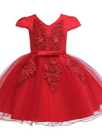 NumberSea - Ball Gown Tulle Short Sleeve V Neck Wedding Party Flower Girl Dresses