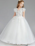 Ball Gown Tulle Short Sleeve V Neck Wedding Party Flower Girl Dresses - photo 1