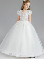Ball Gown Tulle Short Sleeve V Neck Wedding Party Flower Girl Dresses - photo 1