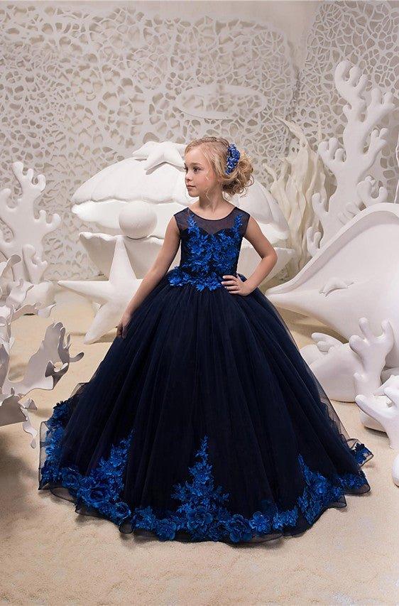 Ball Gown Tulle Sleeveless Jewel Neck Sweep Brush Train Wedding Party Flower… - photo 1