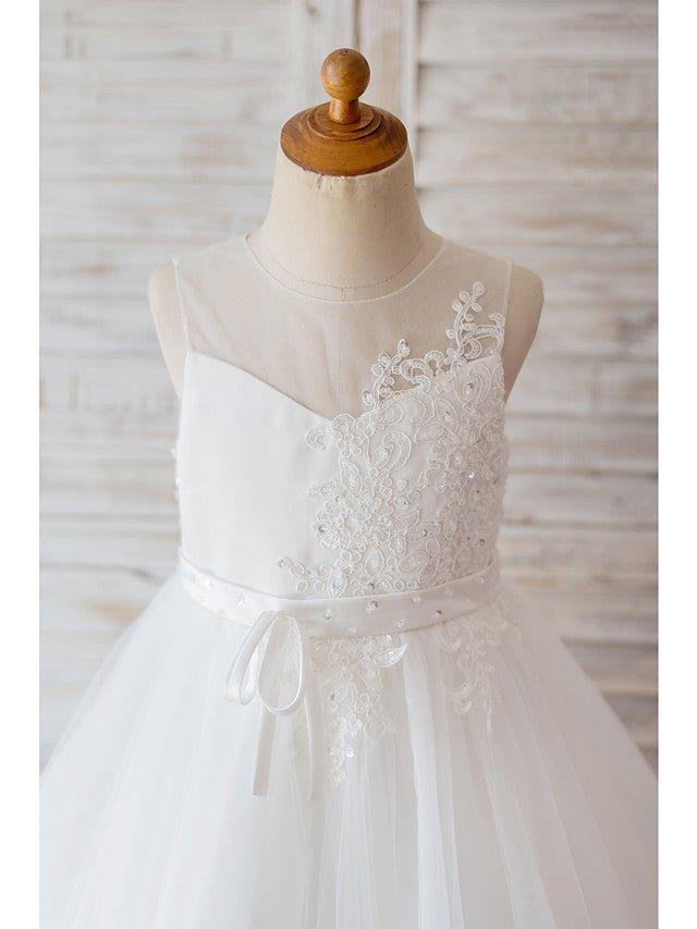 Ball Gown Tulle Sleeveless Jewel Neck Wedding Birthday Flower Girl Dresses - photo 3