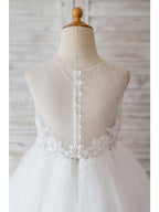 Ball Gown Tulle Sleeveless Jewel Neck Wedding Birthday Flower Girl Dresses - photo 4
