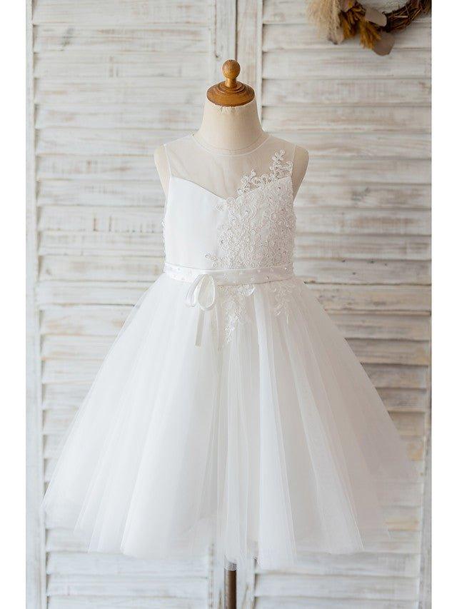 Ball Gown Tulle Sleeveless Jewel Neck Wedding Birthday Flower Girl Dresses - photo 1