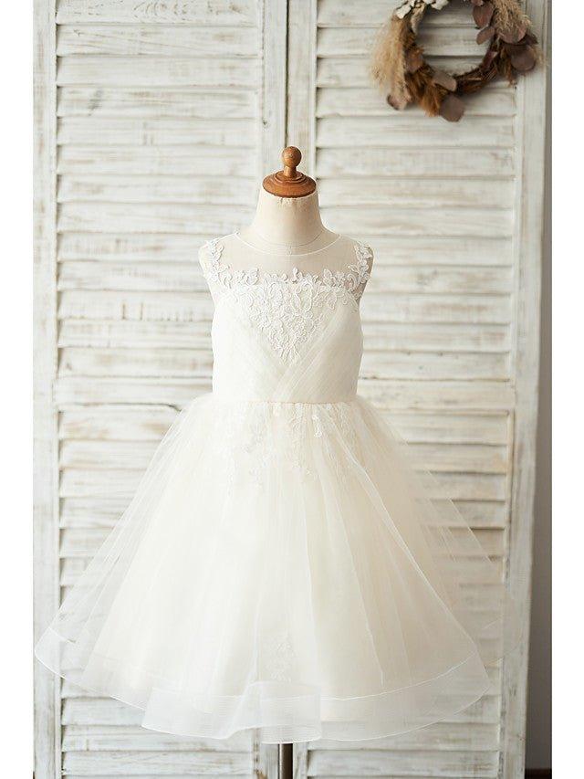 Ball Gown Tulle Sleeveless Jewel Neck Wedding Birthday Flower Girl Dresses - photo 1