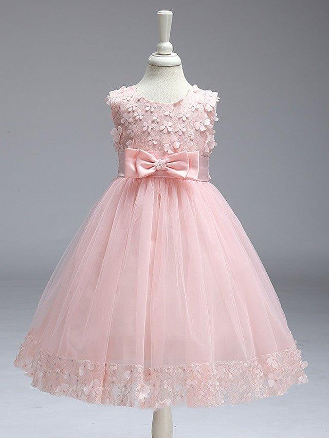 Ball Gown Tulle Sleeveless Jewel Neck Wedding Party Flower Girl Dresses With Bow - photo 1