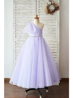 Ball Gown Tulle Sleeveless One Shoulder Wedding Birthday Flower Girl Dresses - photo 1