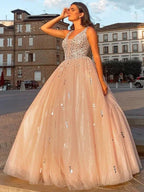 Ball Gown Tulle V-neck Beading Sleeveless Floor-Length Prom Dresses by misshow.com