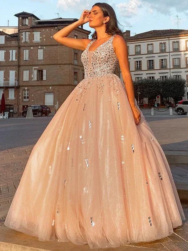 Ball Gown Tulle V-neck Beading Sleeveless Floor-Length Prom Dresses by misshow.com