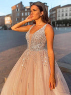 Ball Gown Tulle V-neck Beading Sleeveless Floor-Length Prom Dresses by misshow.com