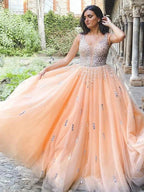 Ball Gown Tulle V-neck Beading Sleeveless Floor-Length Prom Dresses by misshow.com
