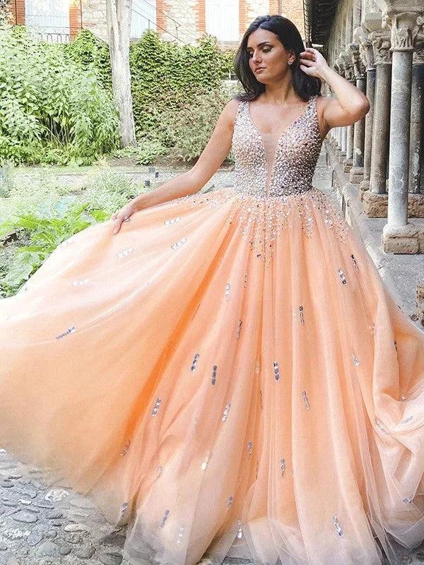 Ball Gown Tulle V-neck Beading Sleeveless Floor-Length Prom Dresses by misshow.com