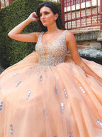 Ball Gown Tulle V-neck Beading Sleeveless Floor-Length Prom Dresses by misshow.com