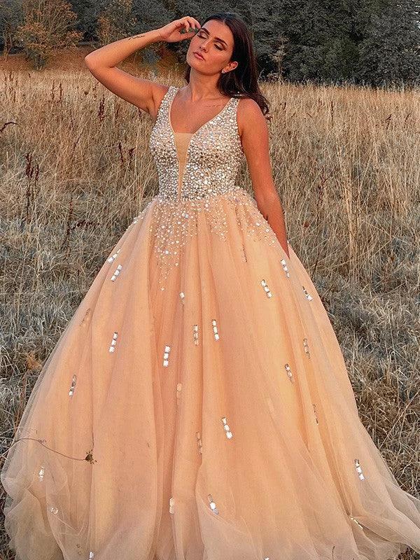 Ball Gown Tulle V-neck Beading Sleeveless Floor-Length Prom Dresses by misshow.com