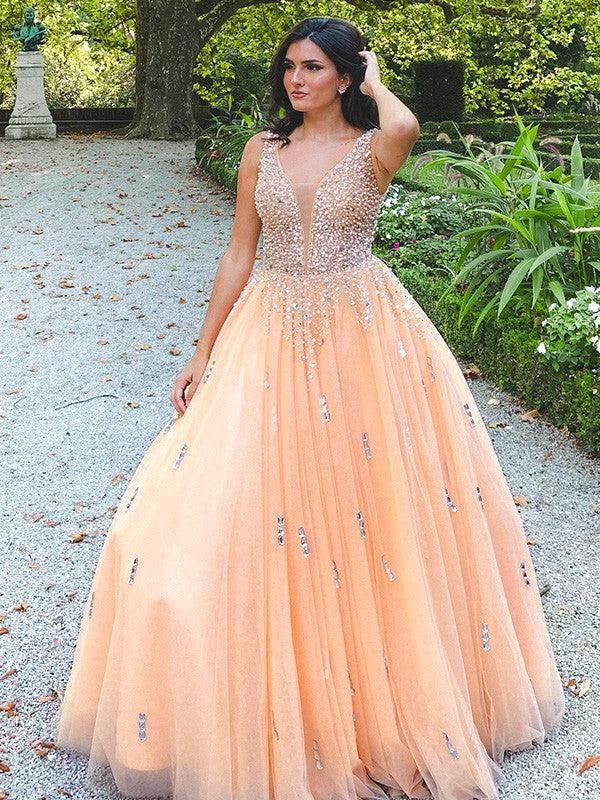 Ball Gown Tulle V-neck Beading Sleeveless Floor-Length Prom Dresses by misshow.com