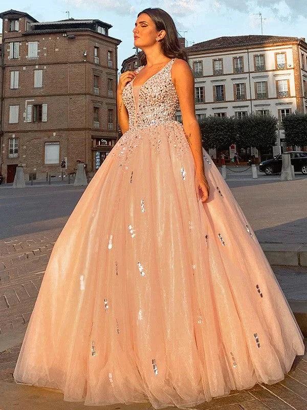Ball Gown Tulle V-neck Beading Sleeveless Floor-Length Prom Dresses by misshow.com