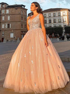 Ball Gown Tulle V-neck Beading Sleeveless Floor-Length Prom Dresses by misshow.com