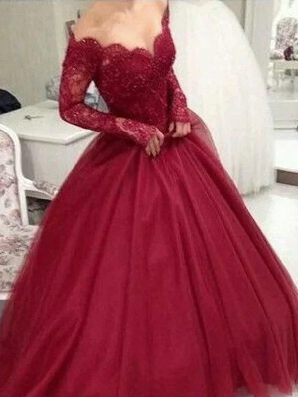 Ball Gown V-neck Long Sleeves Floor-Length Lace Tulle Prom Dresses by misshow.com