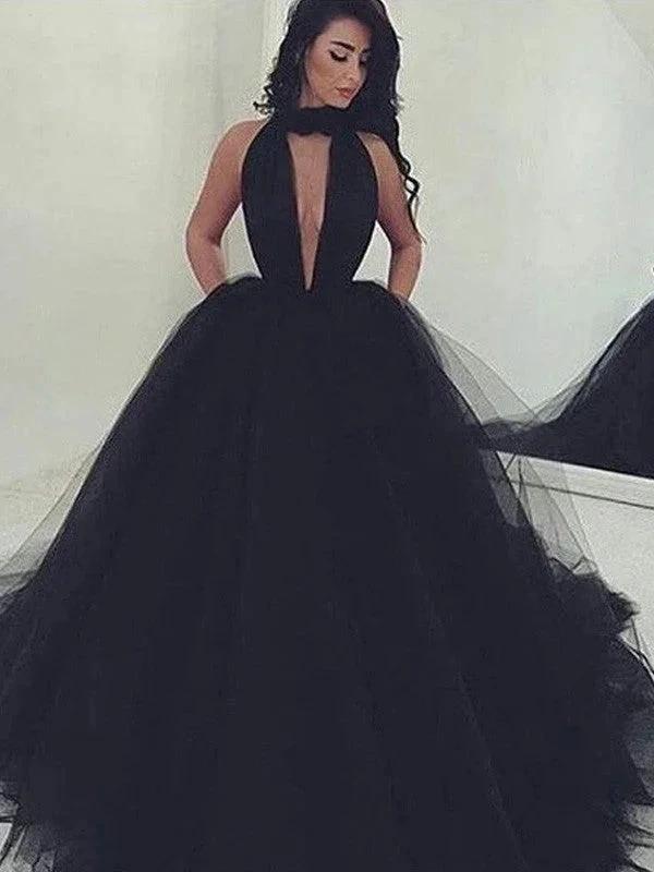 Ball Gown V-neck Sleeveless Court Train Tulle Prom Dresses by misshow.com