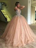 Ball Gown V-neck Sleeveless Floor-Length Beading Tulle Prom Dresses by misshow.com