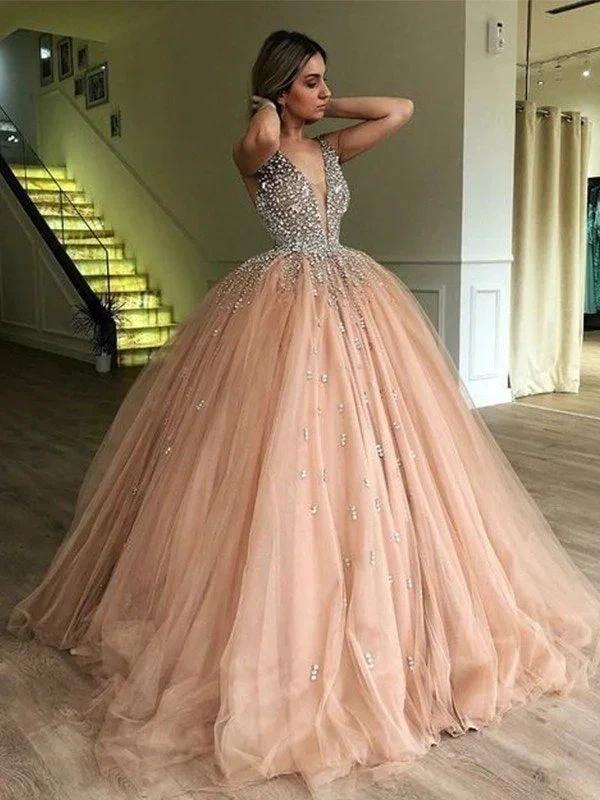 Ball Gown V-neck Sleeveless Floor-Length Beading Tulle Prom Dresses by misshow.com