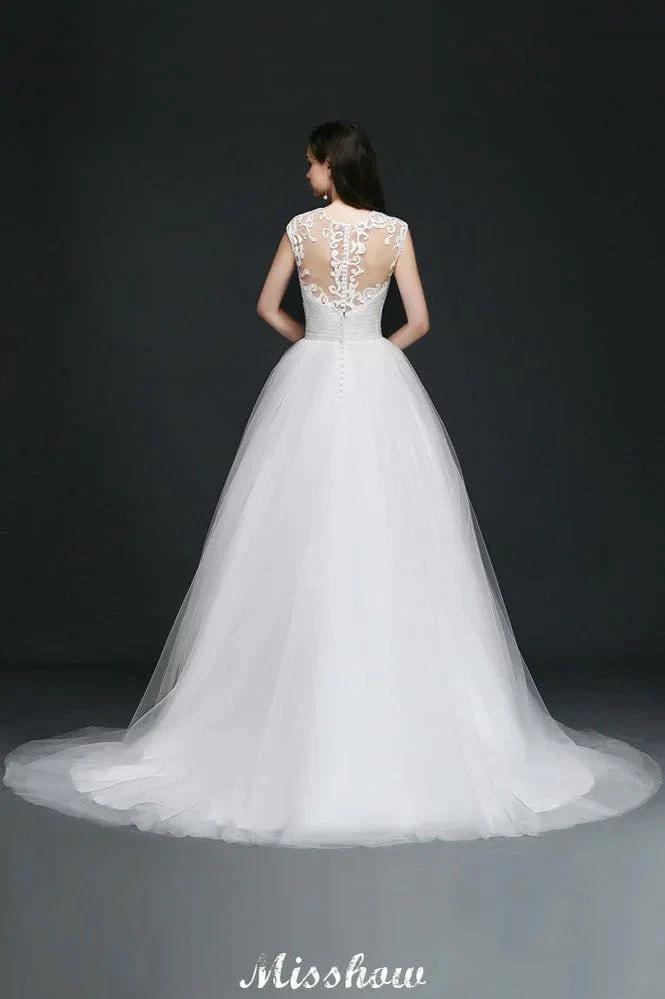 Ball Gown V-Neck Tulle Elegant Wedding Dresses with Buttons by misshow.com